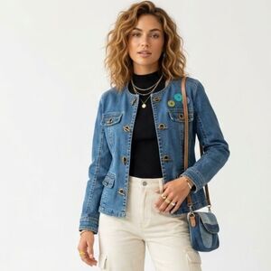 VTG Live a Little Art-To-Wear Patchwork Cotton Denim Jean Jacket Blazer SZ M